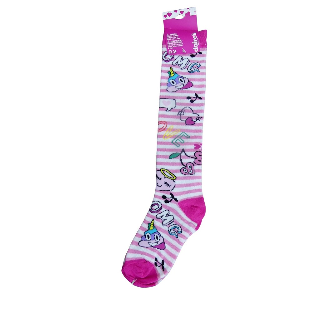 Claire's Knee High Socks Girls One Size Pink Emoji Unicorn Striped 13799-2